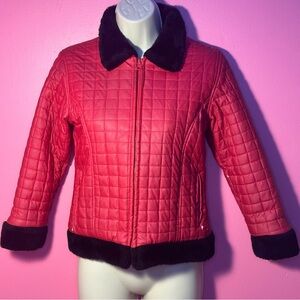Girls Quilted Jacket - Faux Fur Black Trim - Red - Size 7/8